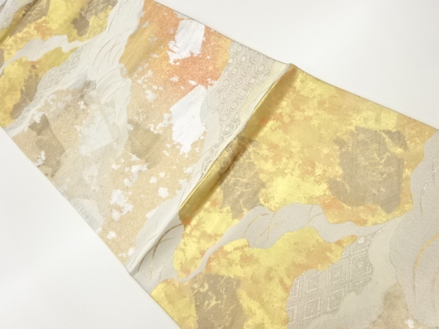 引箔道長取に亀甲・菱・芝模様織出し袋帯